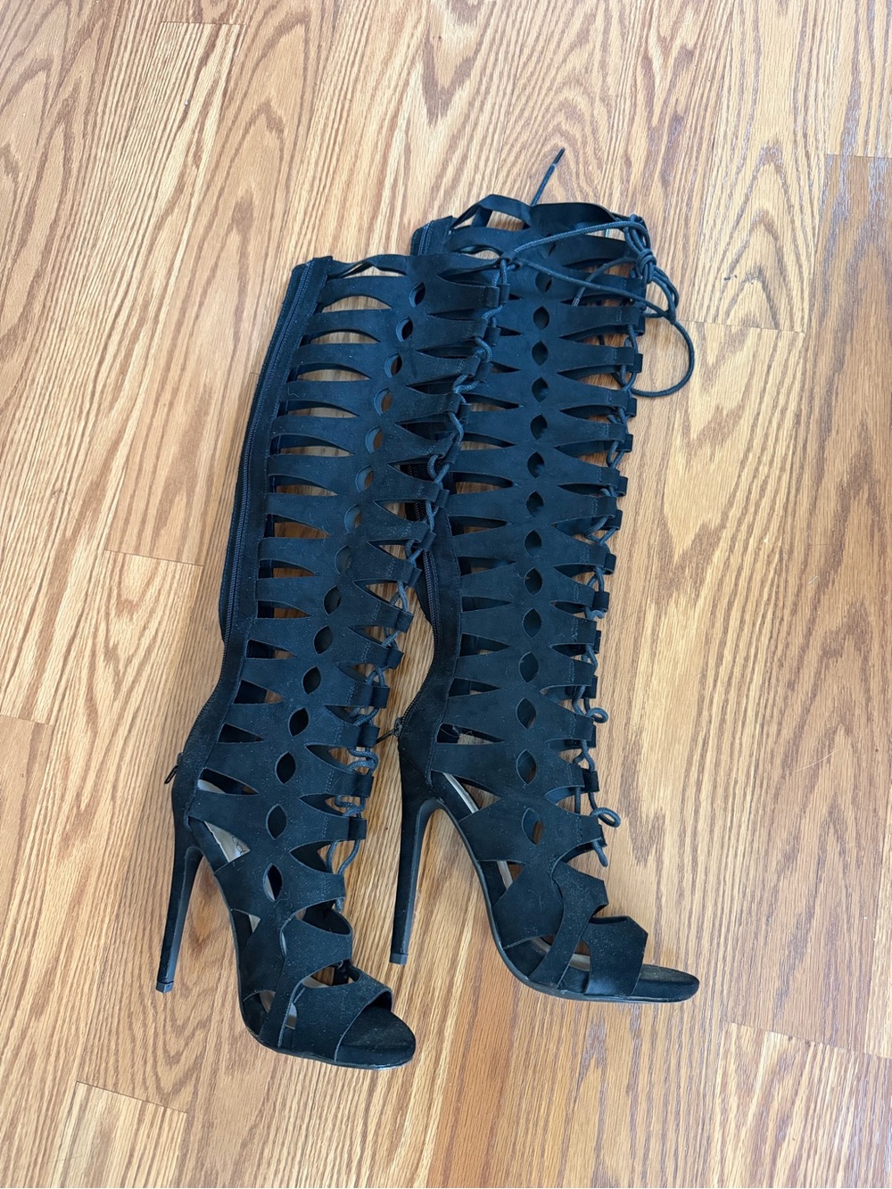 Women's Black Lace-Up Cutout Knee-High Stiletto Boots